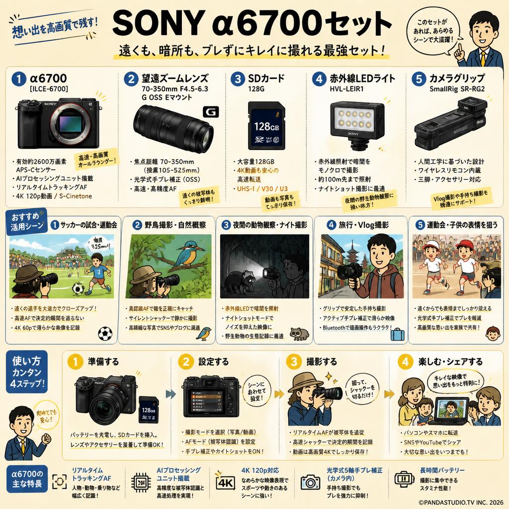 SONY α6700ILCE-6700 / SDカード 128G セット / 70-350mm F4.5-6.3 G OSS  Eマウント / SONY HVL-LEIR1 / SmallRig SR-RG2 セット 用途