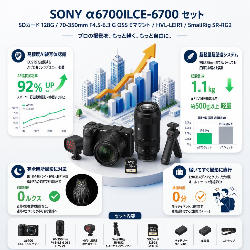 SONY α6700ILCE-6700 / SDカード 128G セット / 70-350mm F4.5-6.3 G OSS  Eマウント / SONY HVL-LEIR1 / SmallRig SR-RG2 セット セールスポイント