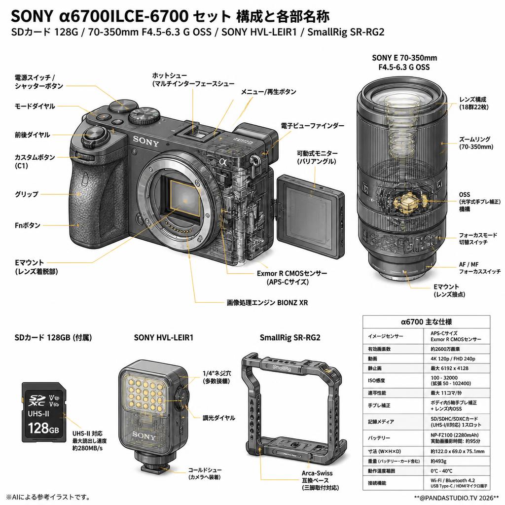 SONY α6700ILCE-6700 / SDカード 128G セット / 70-350mm F4.5-6.3 G OSS  Eマウント / SONY HVL-LEIR1 / SmallRig SR-RG2 セット スペック