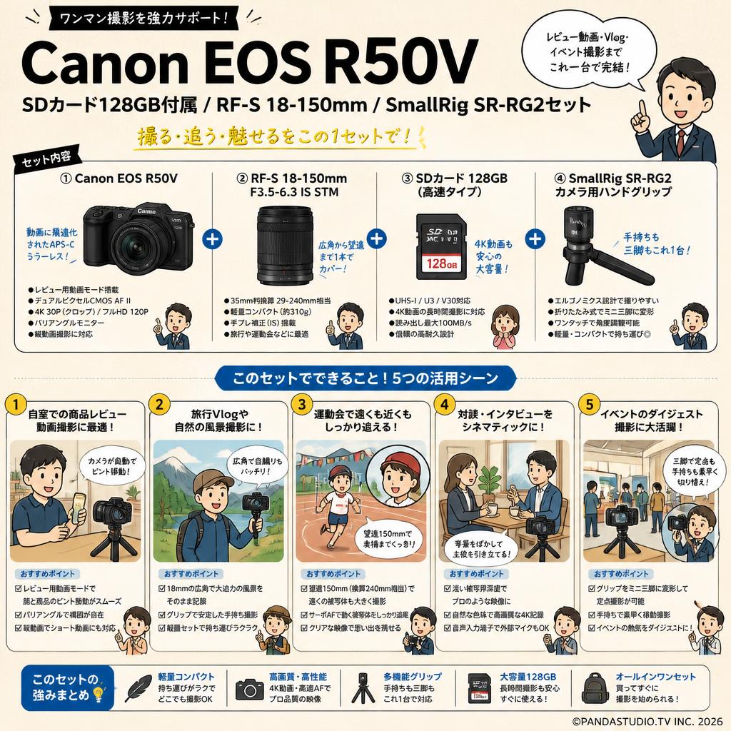 Canon EOS R50V / SDカード 128GB付属 / RF-S 18-150mm / SmallRig SR-RG2セット 用途