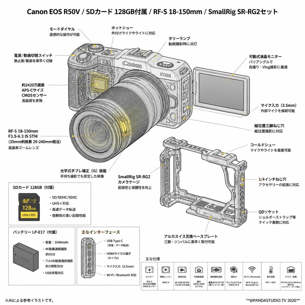 Canon EOS R50V / SDカード 128GB付属 / RF-S 18-150mm / SmallRig SR-RG2セット スペック