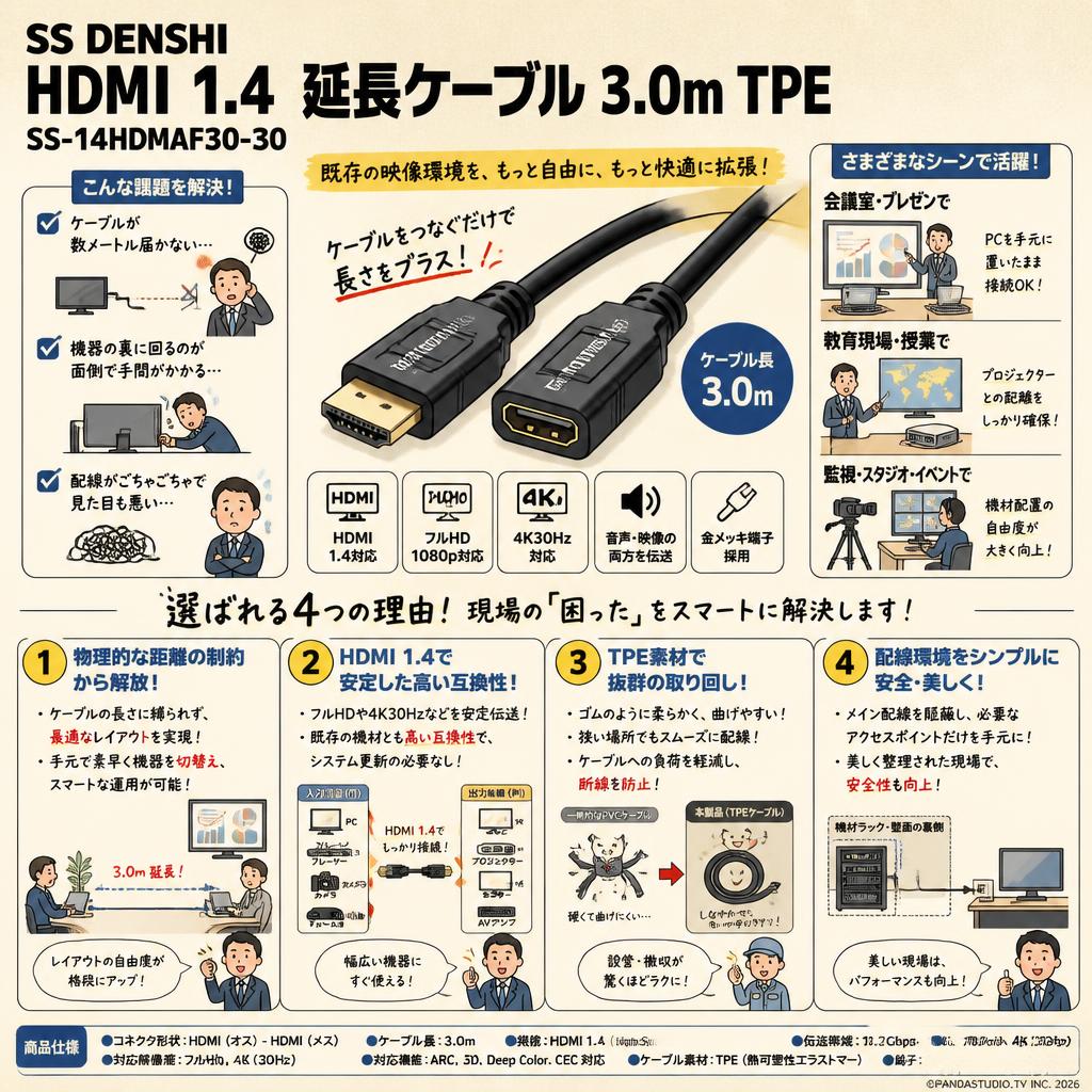 SS DENSHI HDMI １.4 延長ケーブル3.0m TPE SS-14HDMAF30-30 概要