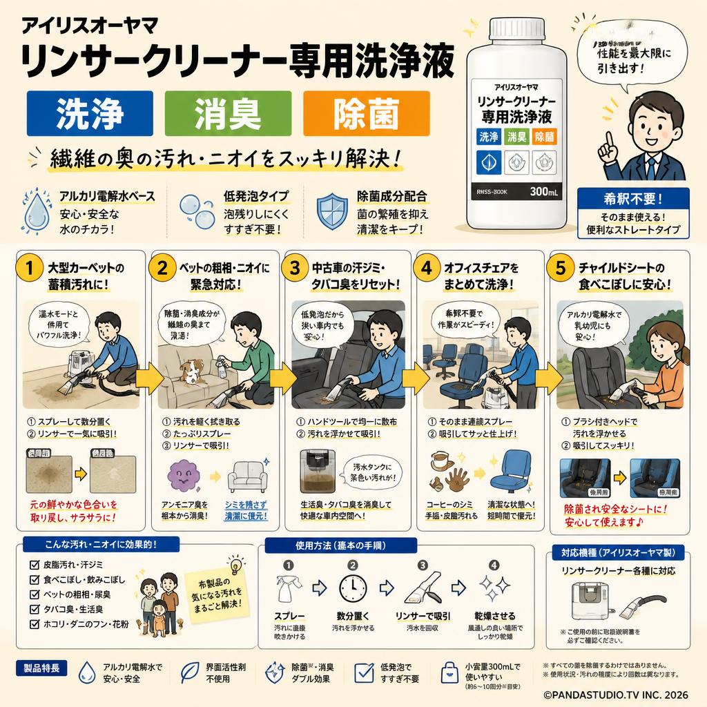 アイリスオーヤマ リンサークリーナー専用洗浄液 洗浄 / 消臭 / 除菌 (RNSS-300K) 用途