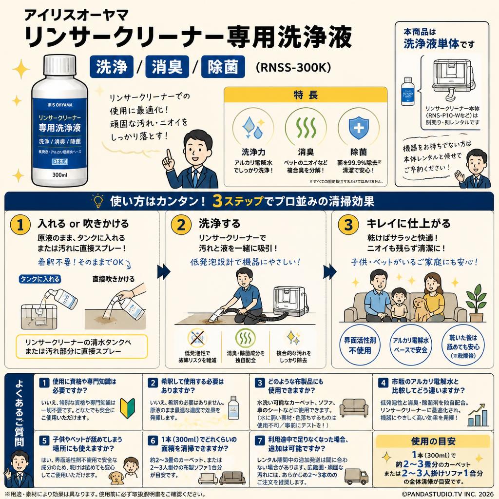 アイリスオーヤマ リンサークリーナー専用洗浄液 洗浄 / 消臭 / 除菌 (RNSS-300K) FAQ（よくある質問と答え）