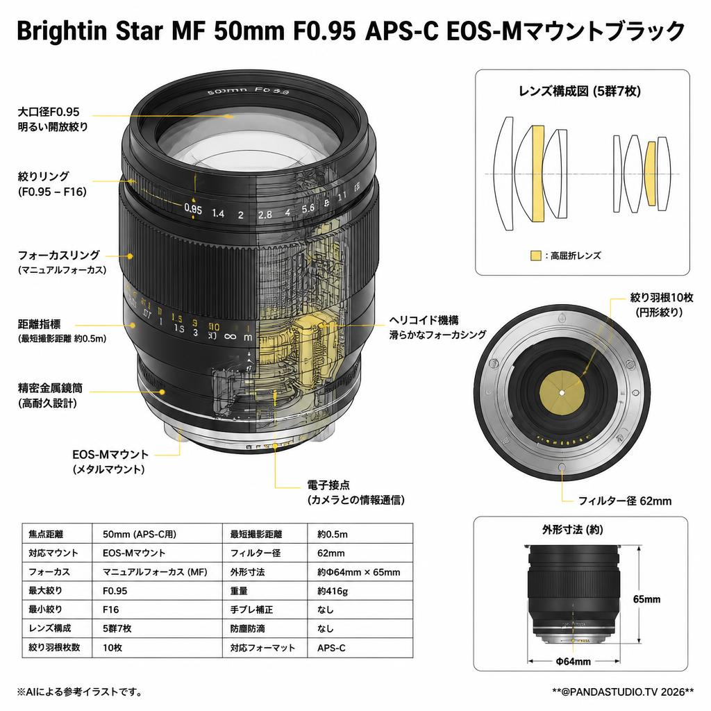 Brightin Star MF 50mm F0.95 APS-C EOS-Mマウントブラック スペック