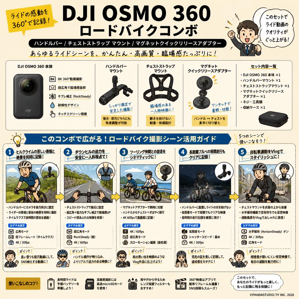 DJI Osmo 360 ロードバイクコンボ / ハンドルバー / チェストストラップ マウント / マグネットクイックリリースアダプター 用途