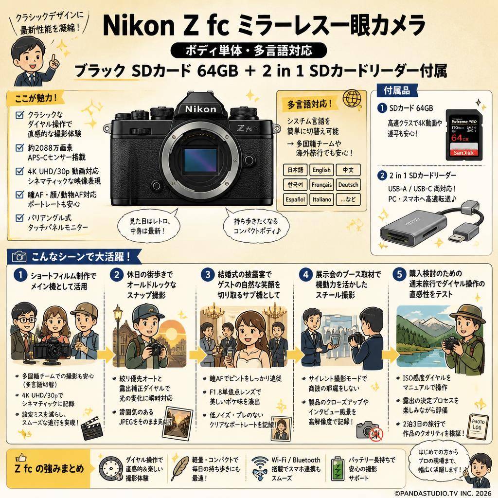 Nikon Z fc ミラーレス一眼カメラ [ボディ単体・多言語対応]   ブラック SDカード 64GB ＋ 2 in 1 SDカードリーダー付属 用途