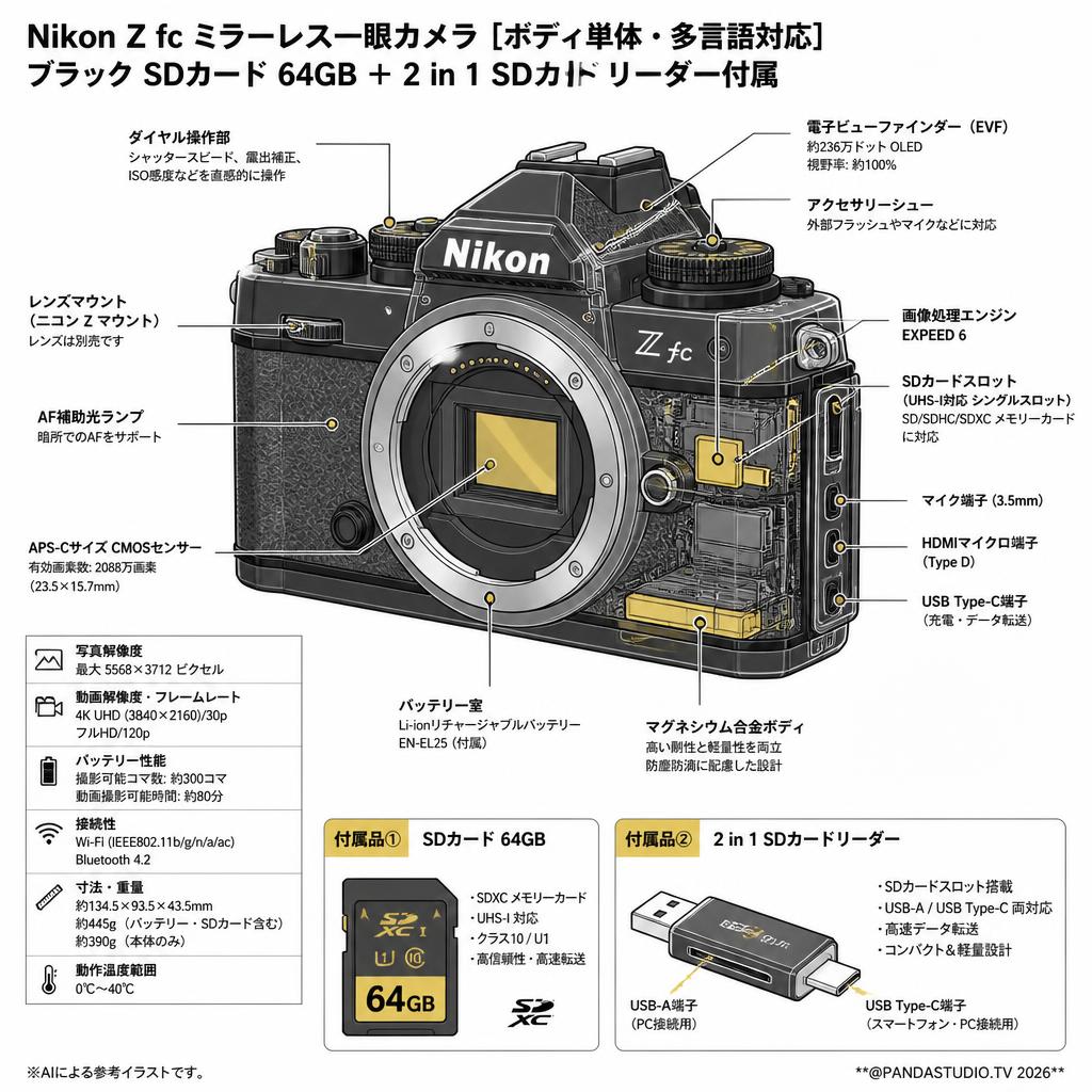 Nikon Z fc ミラーレス一眼カメラ [ボディ単体・多言語対応]   ブラック SDカード 64GB ＋ 2 in 1 SDカードリーダー付属 スペック