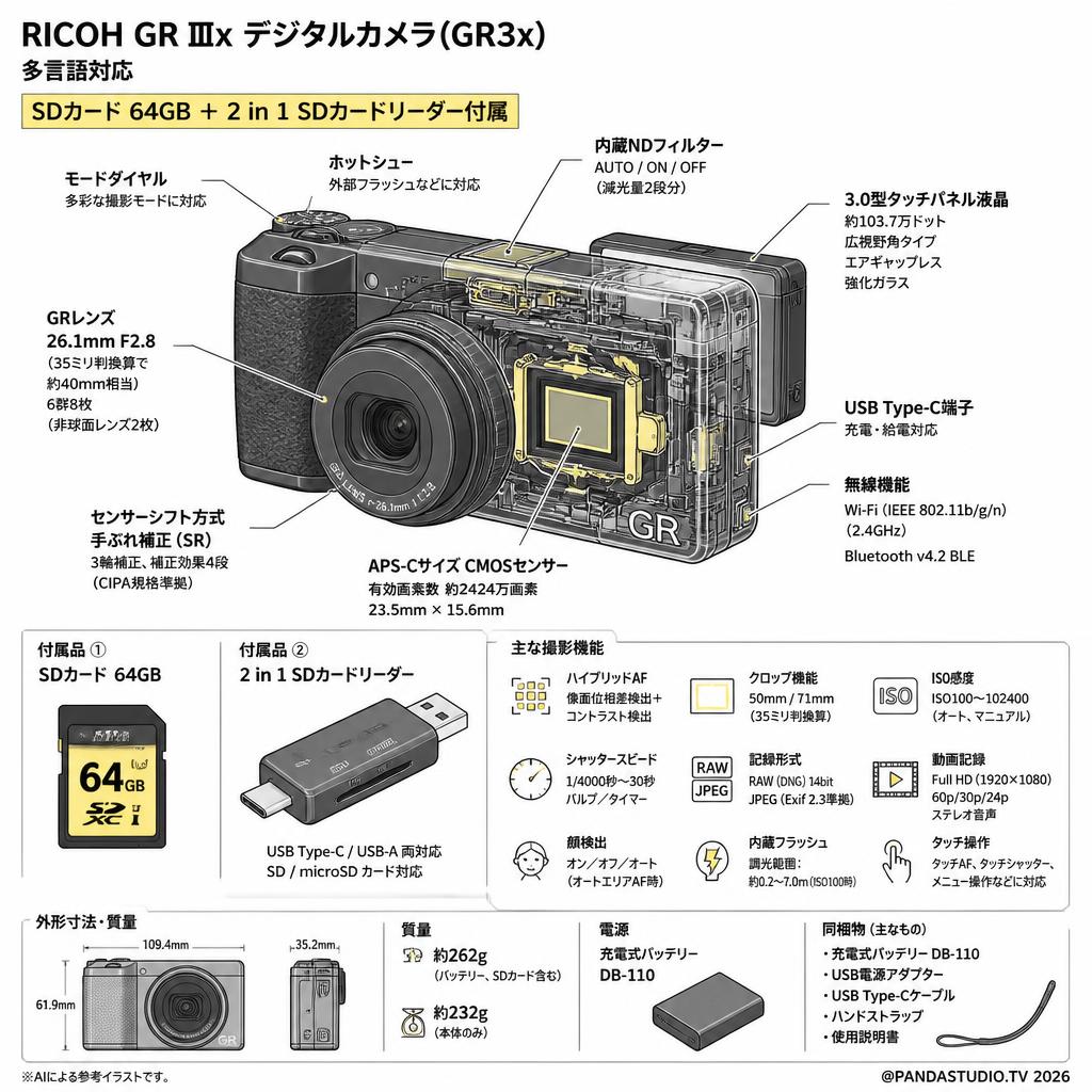 RICOH GR IIIx デジタルカメラ(GR3x) 多言語対応 SDカード 64GB ＋ 2 in 1 SDカードリーダー付属 スペック