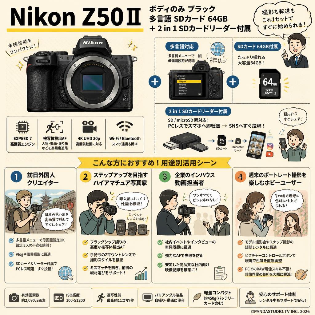 Nikon Z50Ⅱ ボディのみ ブラック 多言語 SDカード 64GB ＋ 2 in 1 SDカードリーダー付属 おもな対象のお客様