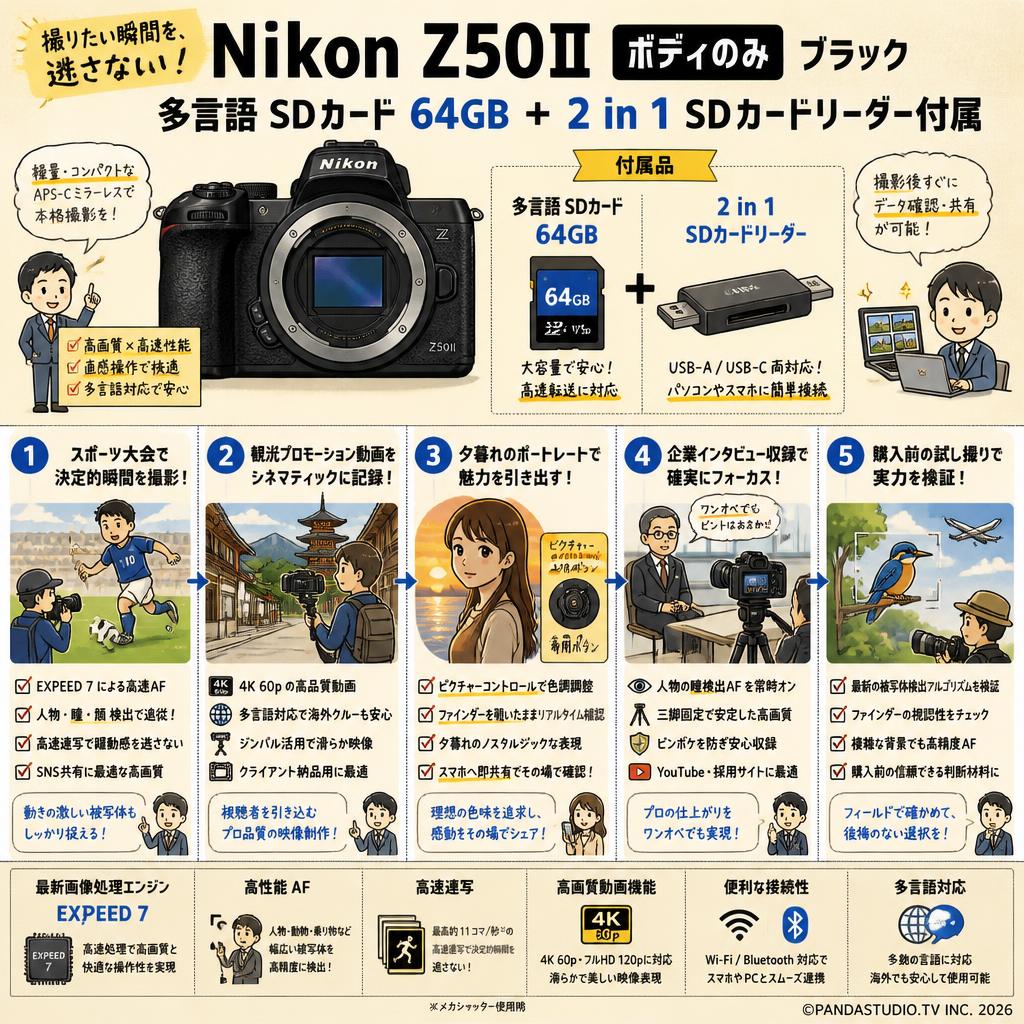 Nikon Z50Ⅱ ボディのみ ブラック 多言語 SDカード 64GB ＋ 2 in 1 SDカードリーダー付属 用途