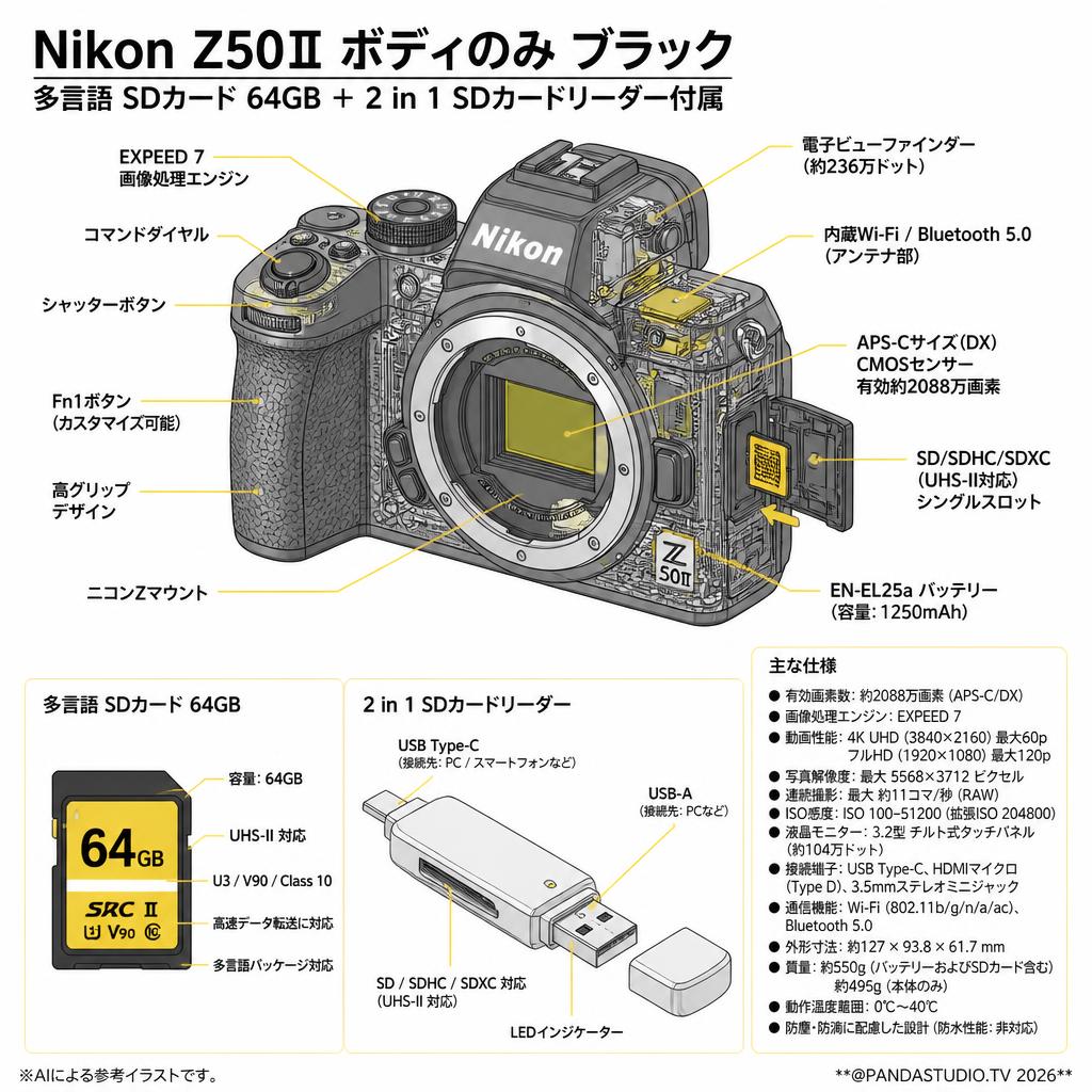 Nikon Z50Ⅱ ボディのみ ブラック 多言語 SDカード 64GB ＋ 2 in 1 SDカードリーダー付属 スペック