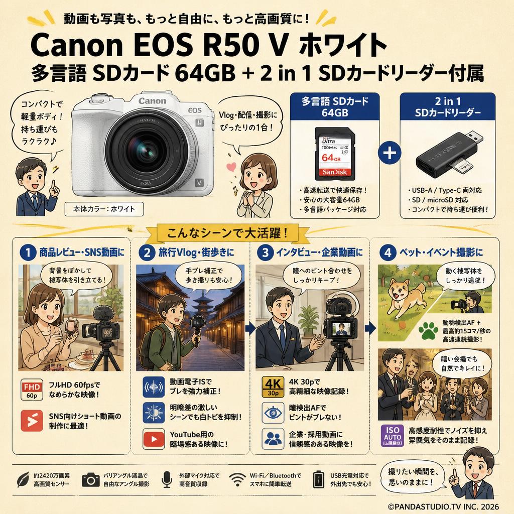 Canon EOS R50 V ホワイト 多言語 SDカード 64GB ＋ 2 in 1 SDカードリーダー付属 用途