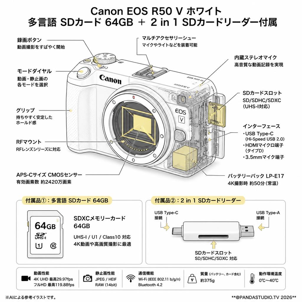 Canon EOS R50 V ホワイト 多言語 SDカード 64GB ＋ 2 in 1 SDカードリーダー付属 スペック