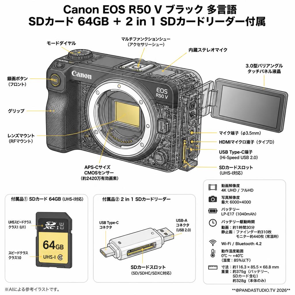 Canon EOS R50 V ブラック 多言語 SDカード 64GB ＋ 2 in 1 SDカードリーダー付属 スペック