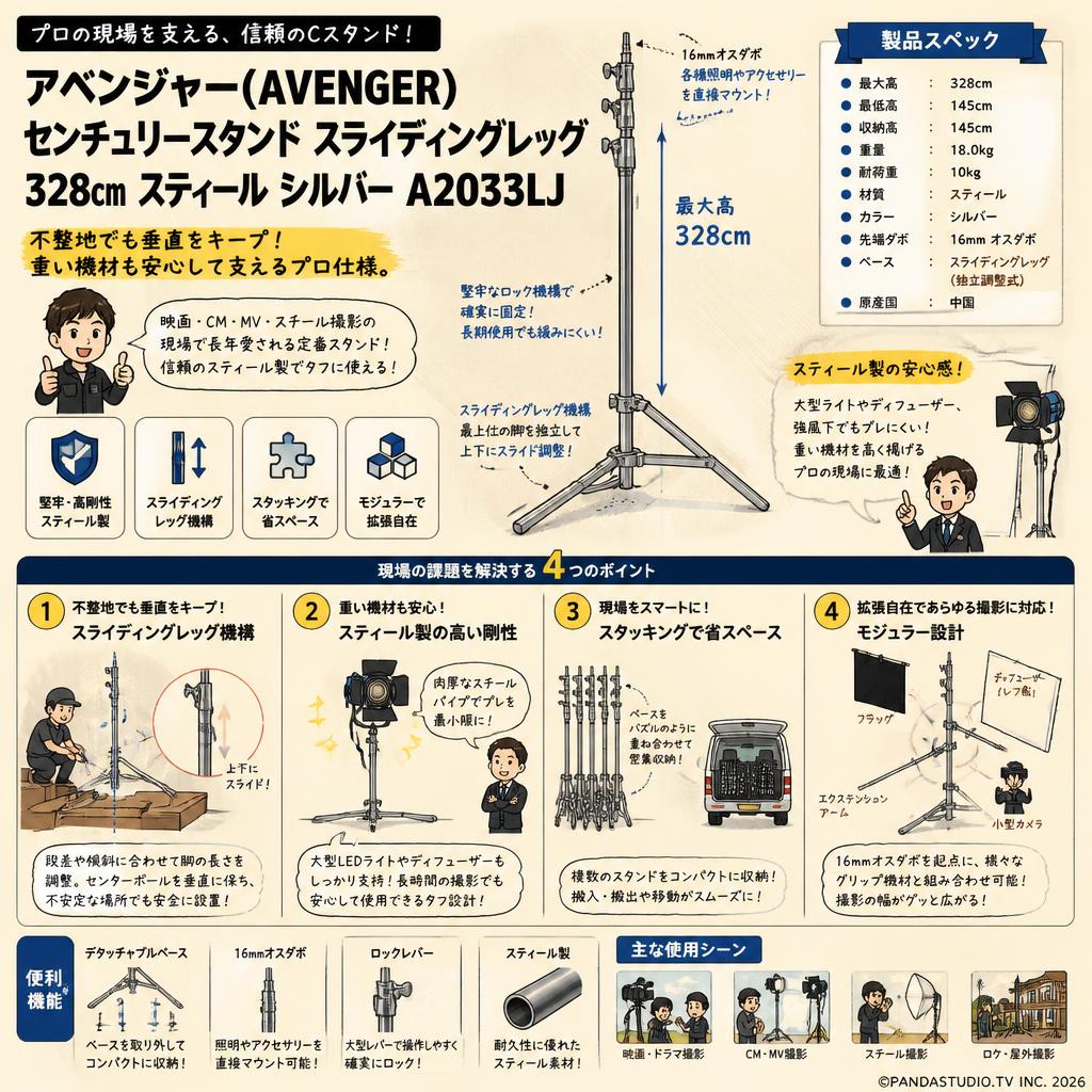 アベンジャー(AVENGER) センチュリースタンド スライディングレッグ 328㎝ スティール シルバー A2033LJ 概要