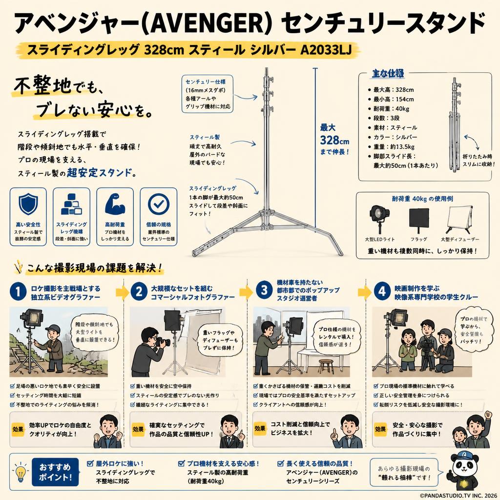 アベンジャー(AVENGER) センチュリースタンド スライディングレッグ 328㎝ スティール シルバー A2033LJ おもな対象のお客様