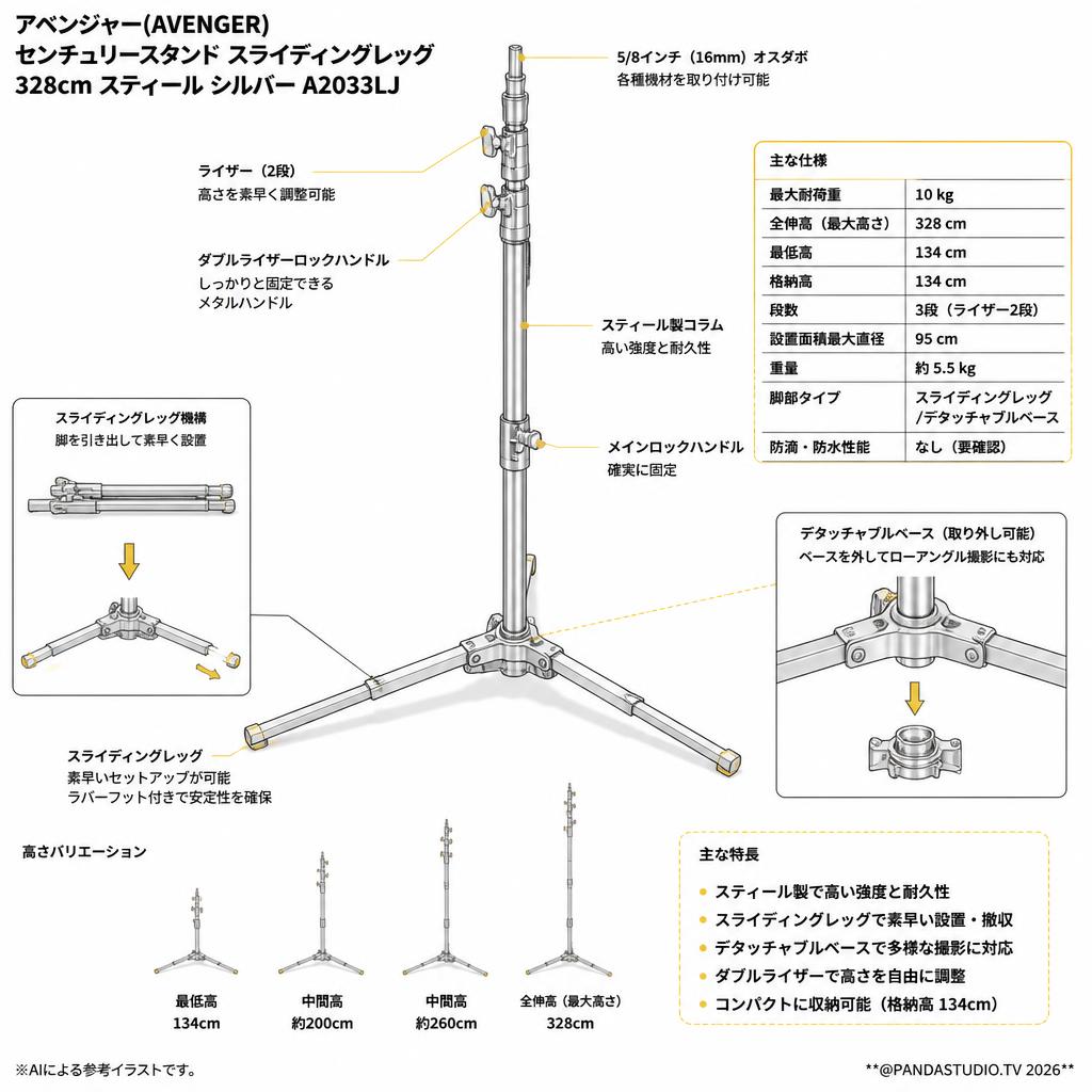 アベンジャー(AVENGER) センチュリースタンド スライディングレッグ 328㎝ スティール シルバー A2033LJ スペック
