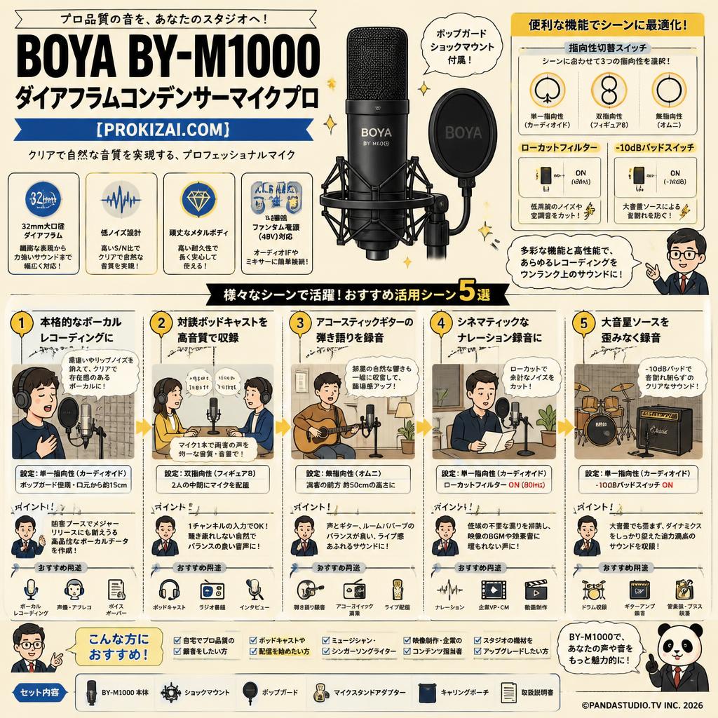BOYA BY-M1000 ダイアフラムコンデンサーマイクプロ【PROKIZAI.COM】 用途