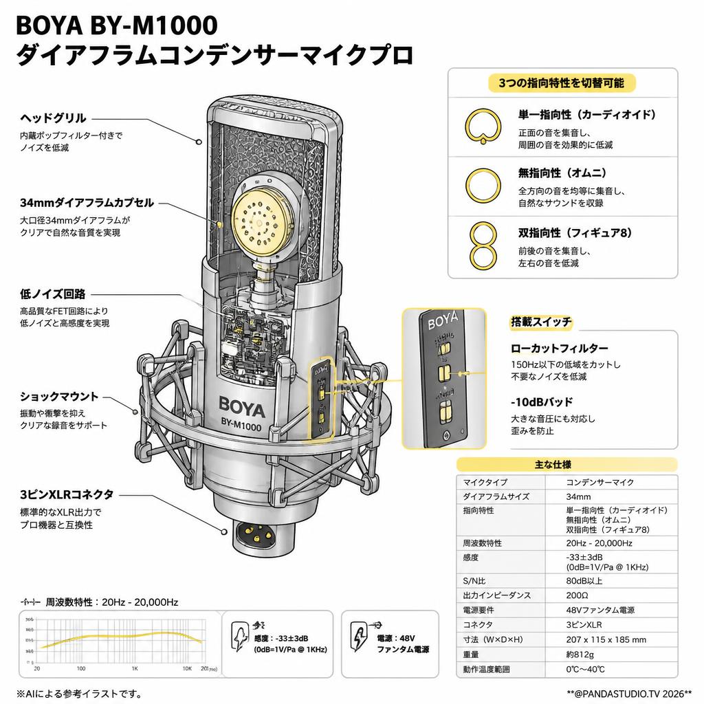 BOYA BY-M1000 ダイアフラムコンデンサーマイクプロ【PROKIZAI.COM】 スペック