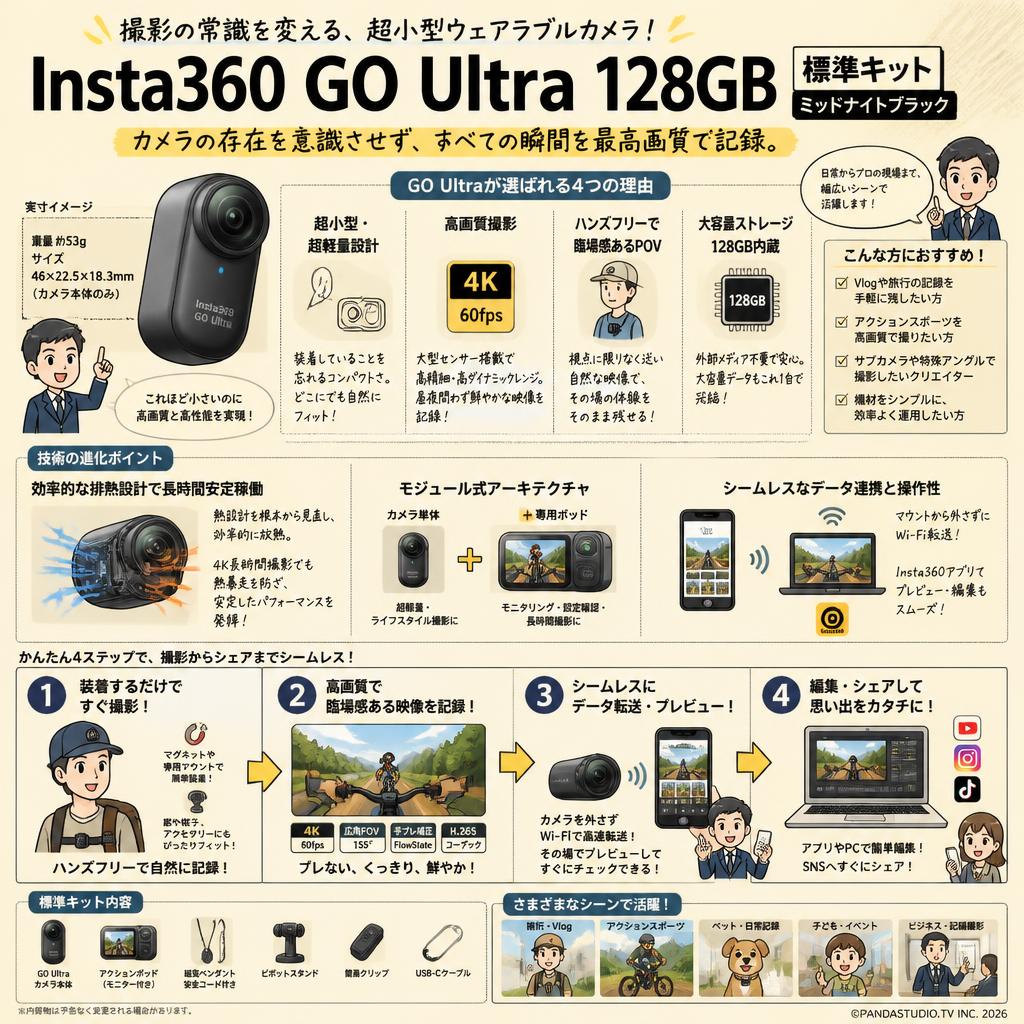 Insta360 GO Ultra 128GB【標準キット ミッドナイトブラック】 概要