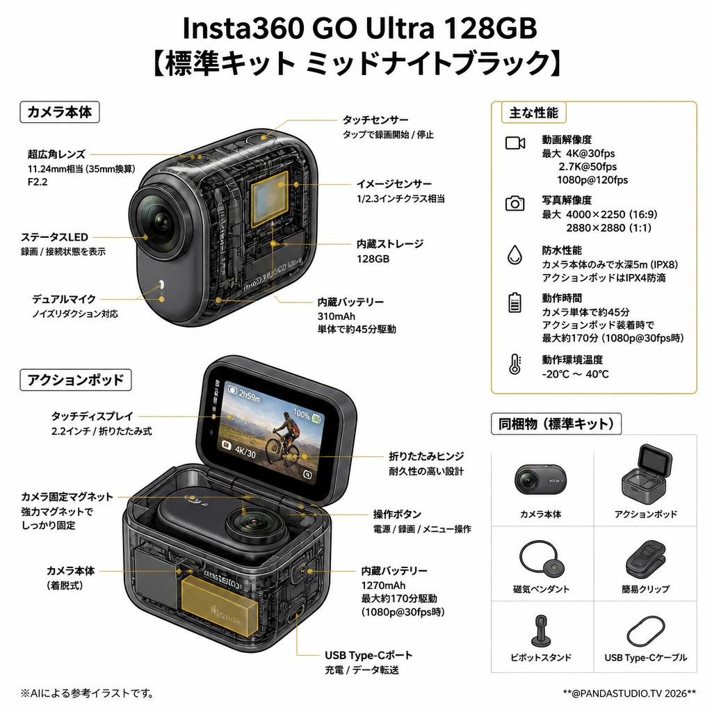 Insta360 GO Ultra 128GB【標準キット ミッドナイトブラック】 スペック