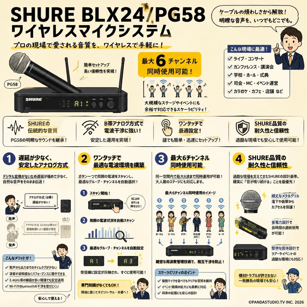 SHURE BLX24/PG58 ワイヤレスマイクシステム 最大6チャンネル同時使用可能 概要