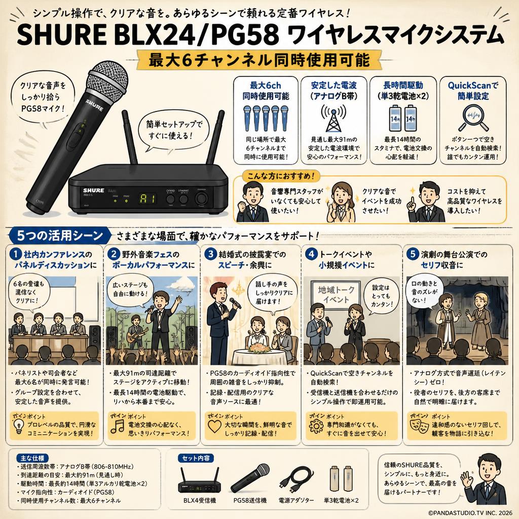 SHURE BLX24/PG58 ワイヤレスマイクシステム 最大6チャンネル同時使用可能 用途