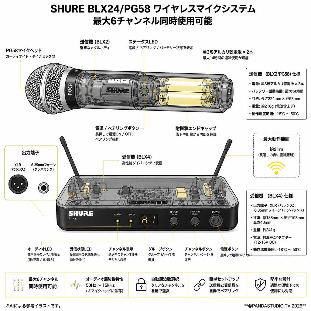 SHURE BLX24/PG58 ワイヤレスマイクシステム 最大6チャンネル同時使用可能 スペック
