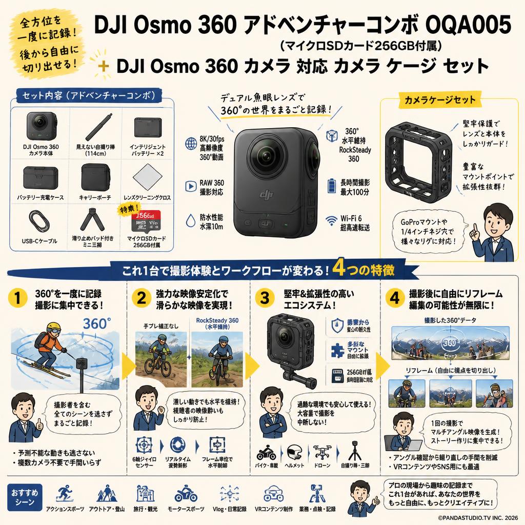 DJI Osmo 360 アドベンチャーコンボ OQA005 (マイクロSDカード256GB付属) + DJI Osmo 360 カメラ 対応 カメラ ケージ セット 概要