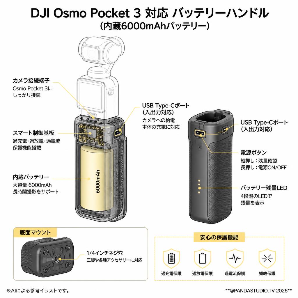 DJI Osmo Pocket 3 対応 バッテリーハンドル (内蔵6000mAhバッテリー) スペック