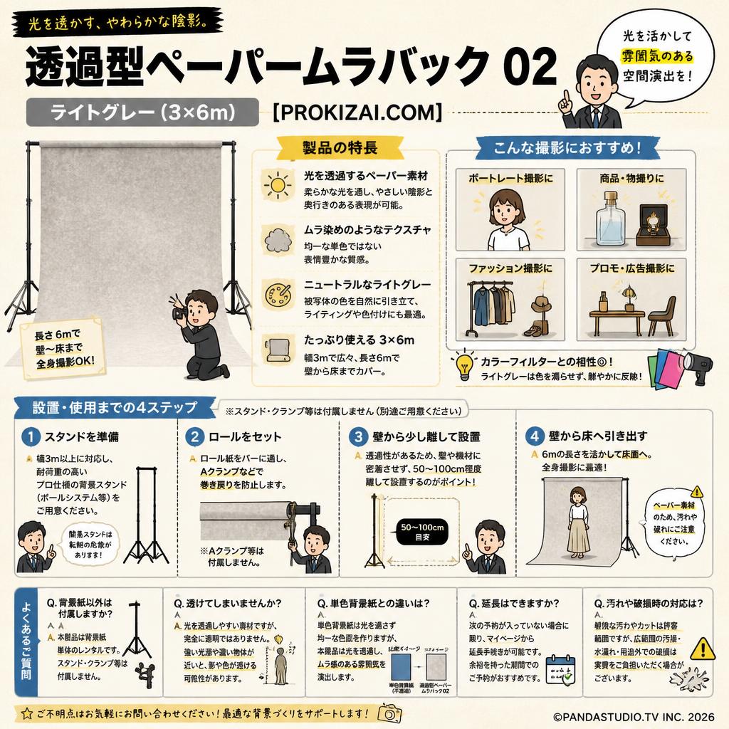 透過型ペーパームラバック 02 ライトグレー(3×6m)【PROKIZAI.COM】 FAQ（よくある質問と答え）