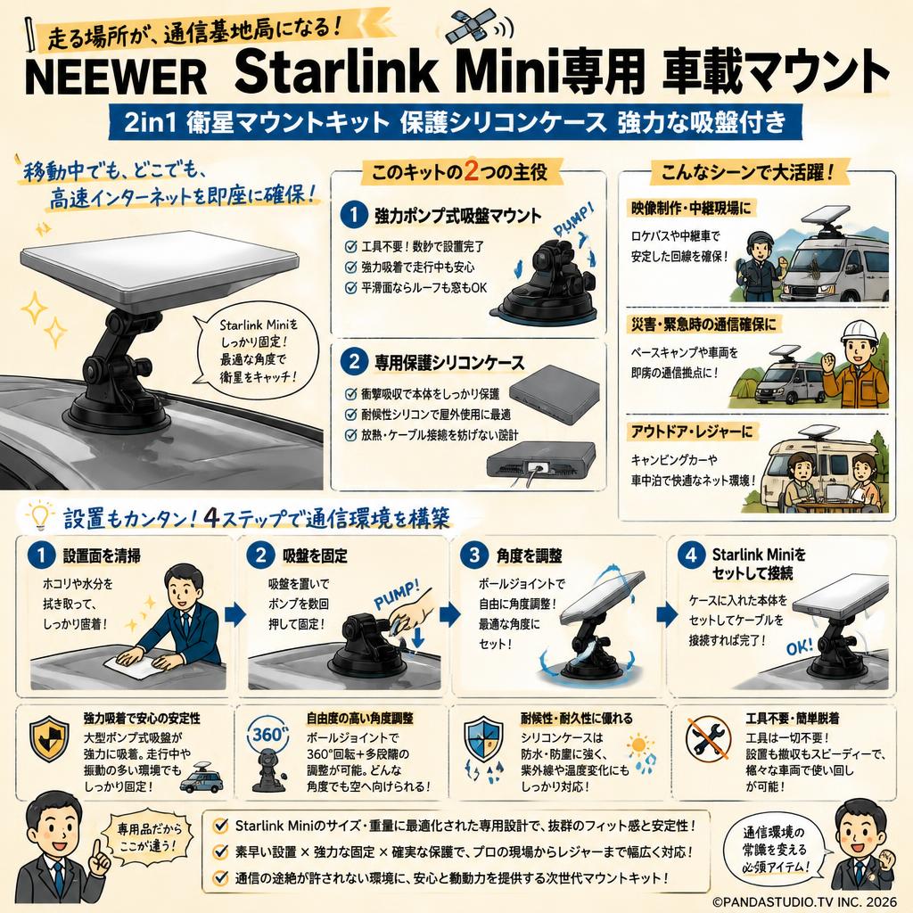 NEEWER  Starlink Mini専用 車載マウント 2in1 衛星マウントキット 保護シリコンケース 強力な吸盤付き 概要