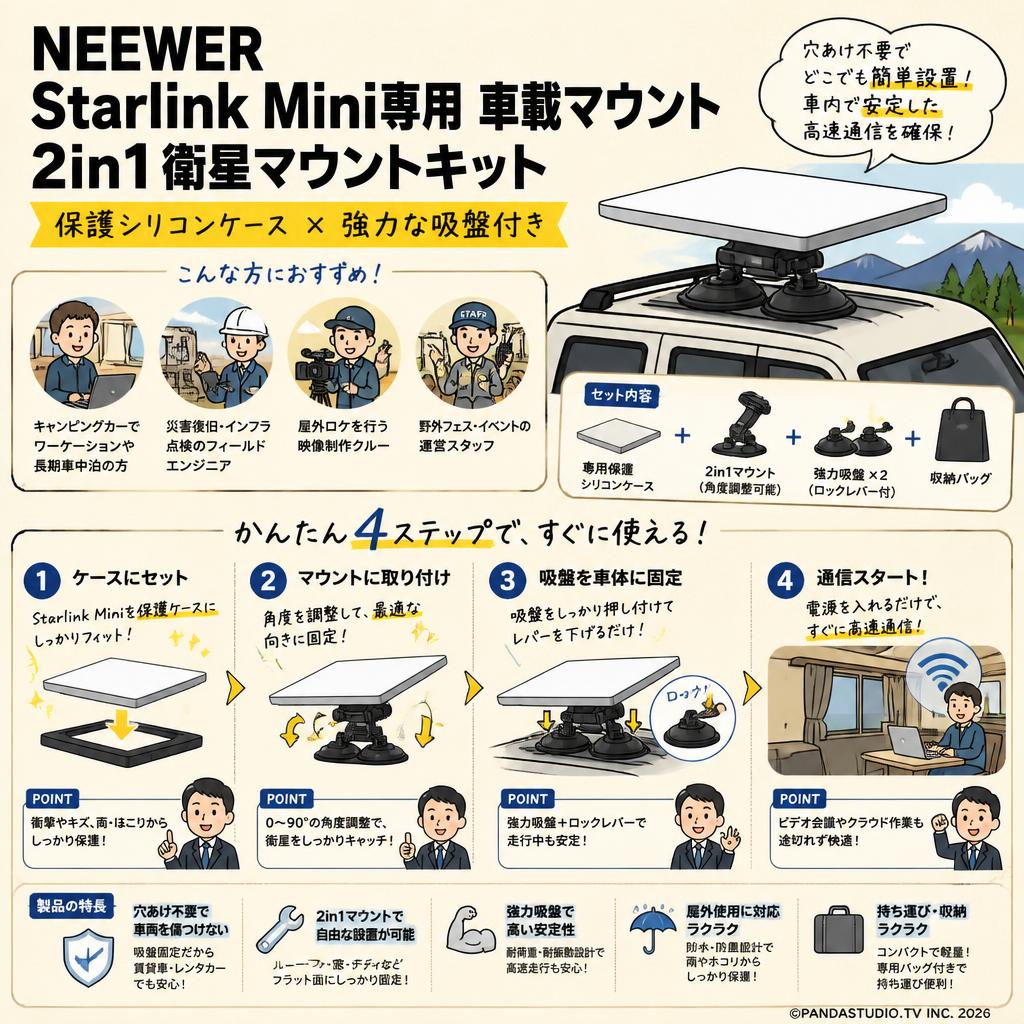 NEEWER  Starlink Mini専用 車載マウント 2in1 衛星マウントキット 保護シリコンケース 強力な吸盤付き おもな対象のお客様