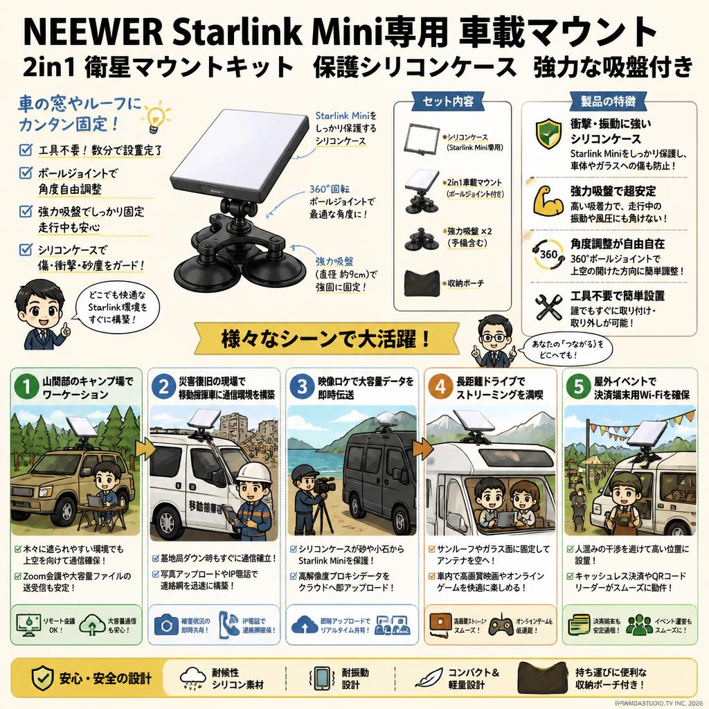 NEEWER  Starlink Mini専用 車載マウント 2in1 衛星マウントキット 保護シリコンケース 強力な吸盤付き 用途