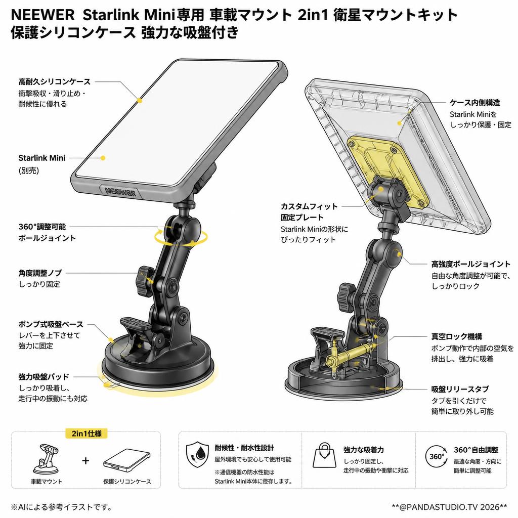 NEEWER  Starlink Mini専用 車載マウント 2in1 衛星マウントキット 保護シリコンケース 強力な吸盤付き スペック