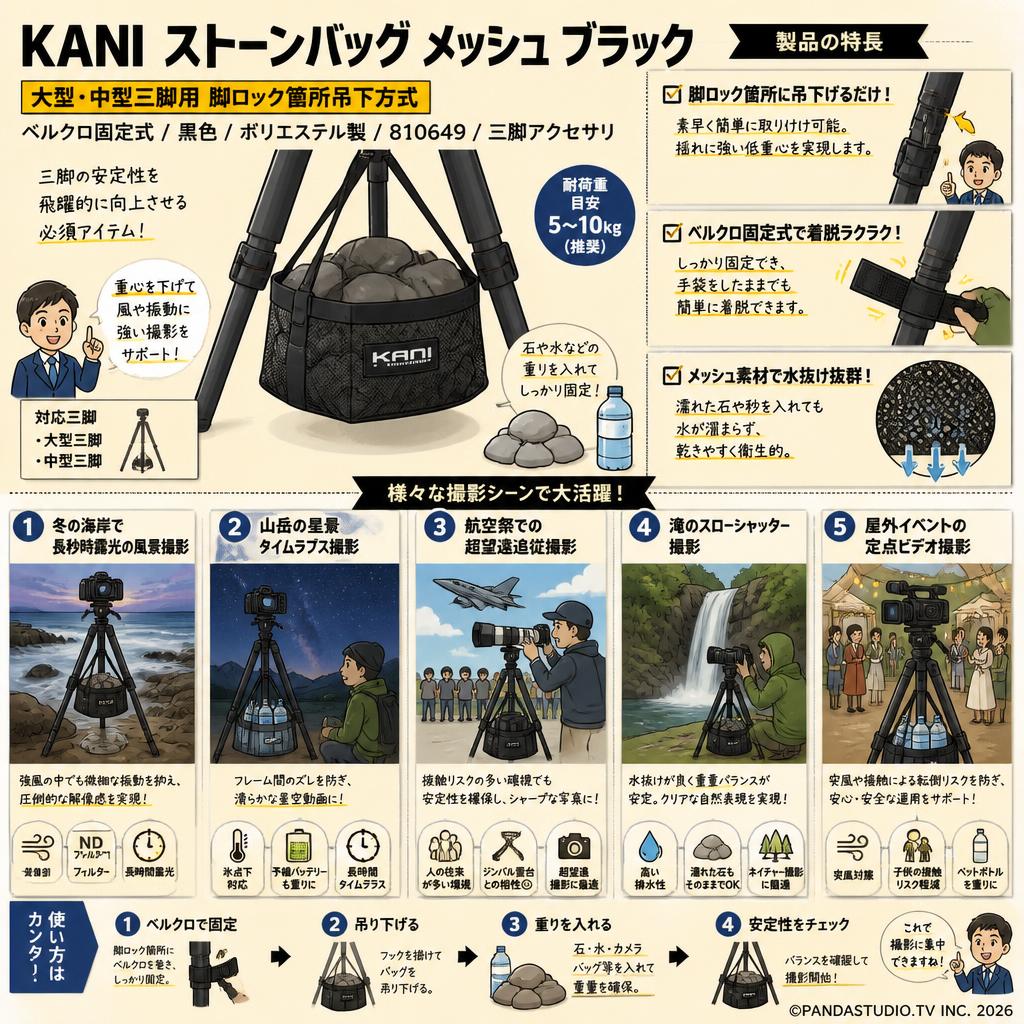 KANI  ストーンバッグ メッシュ ブラック 大型・中型三脚用 脚ロック箇所吊下方式 ベルクロ固定式 黒色 ポリエステル製 810649 三脚アクセサリ 用途