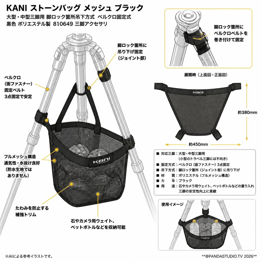 KANI  ストーンバッグ メッシュ ブラック 大型・中型三脚用 脚ロック箇所吊下方式 ベルクロ固定式 黒色 ポリエステル製 810649 三脚アクセサリ スペック