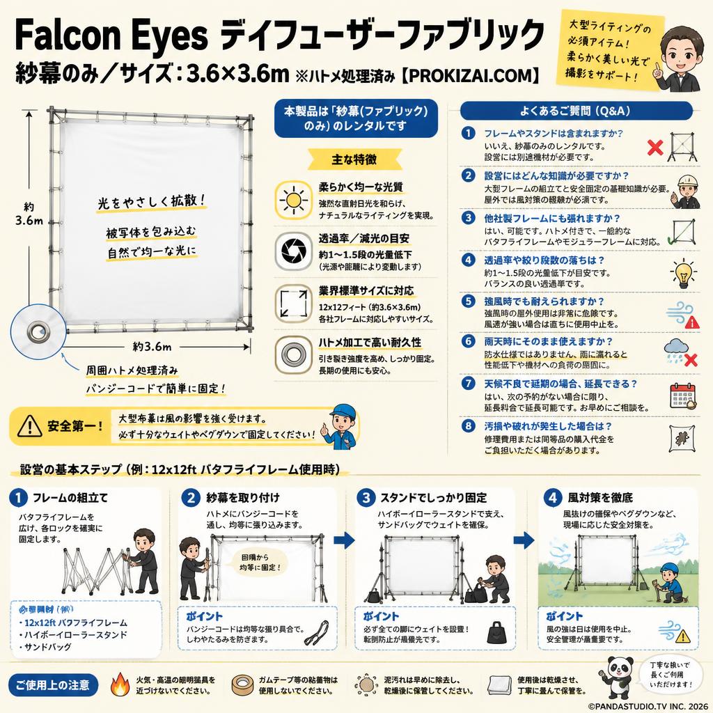 Falcon Eyes ディフューザーファブリック(紗幕のみ／サイズ：3.6×3.6m ※ハトメ処理済み)【PROKIZAI.COM】 FAQ（よくある質問と答え）