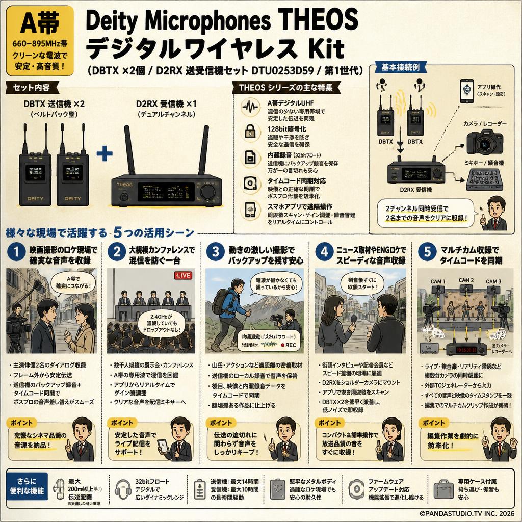 A帯 Deity Microphones THEOS Digital UHF System デジタルワイヤレス Kit （DBTX ×2個 / D2RX 送受信機セットDTU0253D59 / 第1世代） 用途