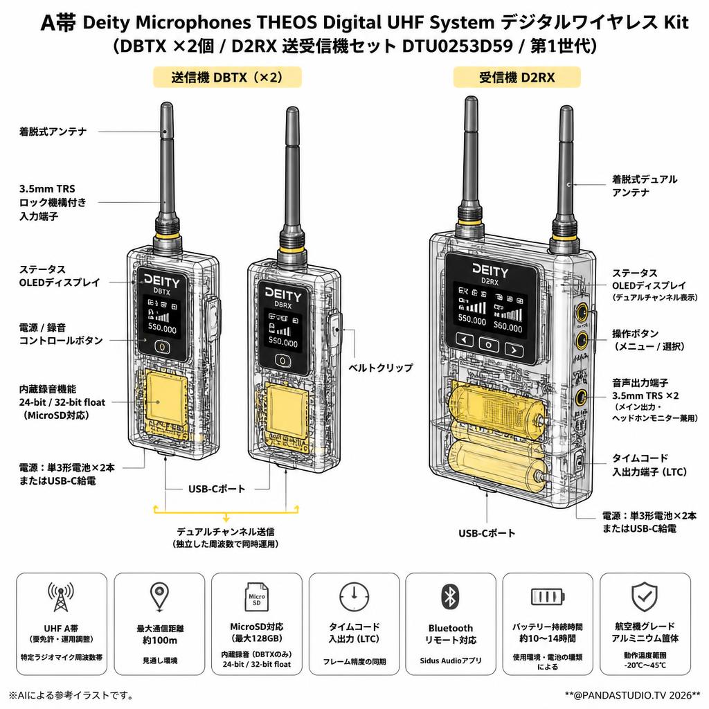 A帯 Deity Microphones THEOS Digital UHF System デジタルワイヤレス Kit （DBTX ×2個 / D2RX 送受信機セットDTU0253D59 / 第1世代） スペック