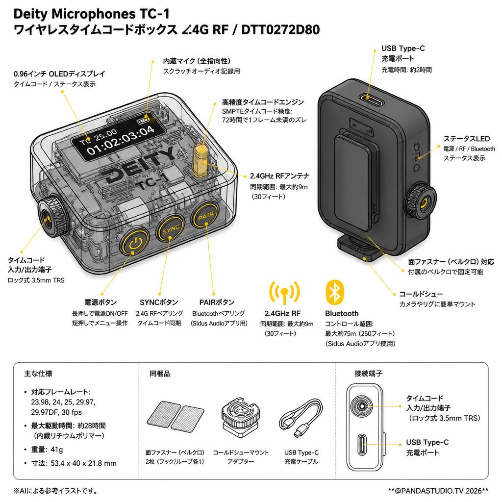 Deity Microphones TC-1 ワイヤレスタイムコードボックス 2.4G RF / DTT0272D80 スペック
