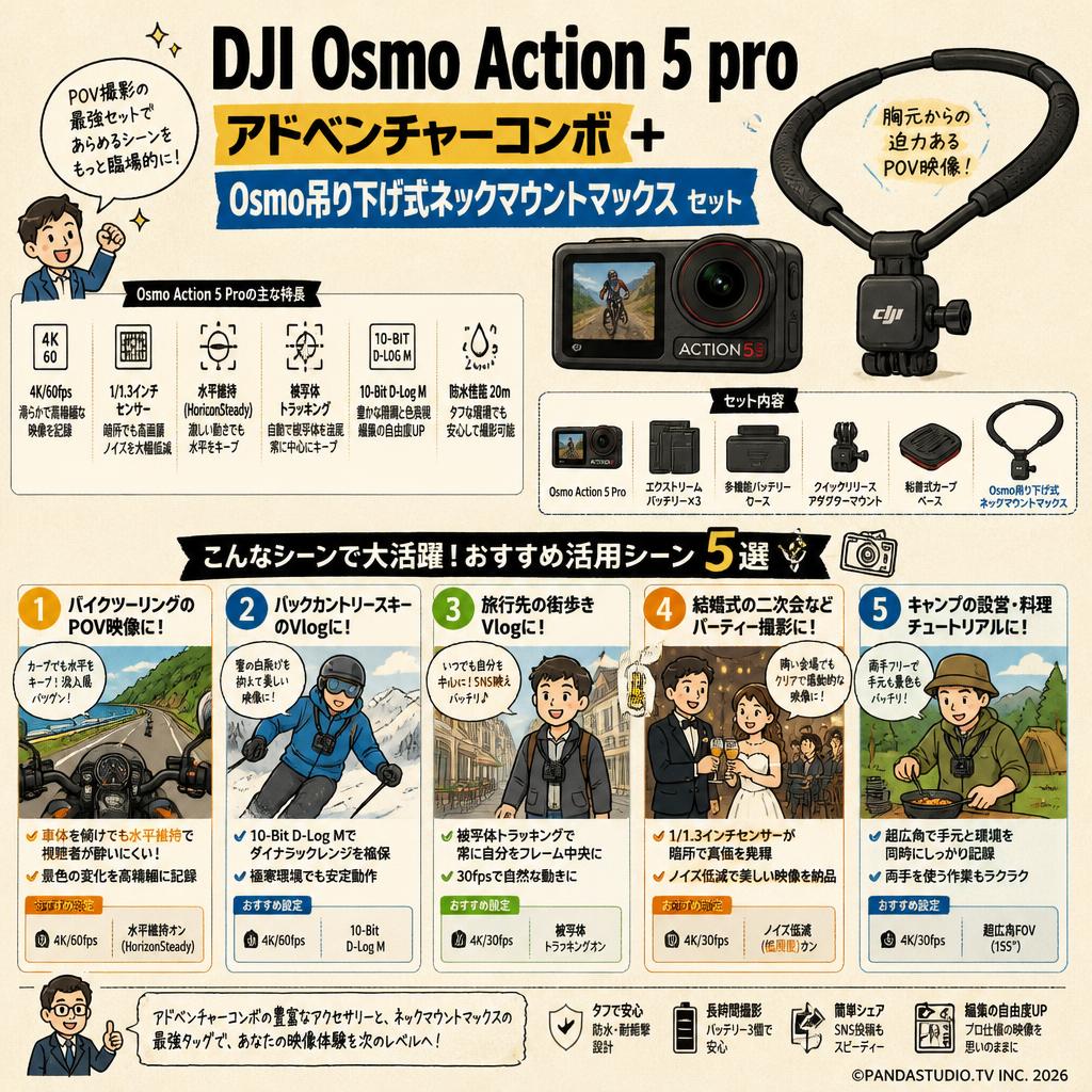DJI Osmo Action 5 pro アドベンチャーコンボ + Osmo吊り下げ式ネックマウントマックス セット 用途