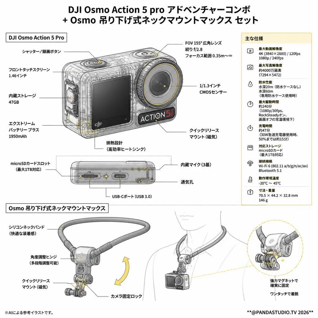 DJI Osmo Action 5 pro アドベンチャーコンボ + Osmo吊り下げ式ネックマウントマックス セット スペック