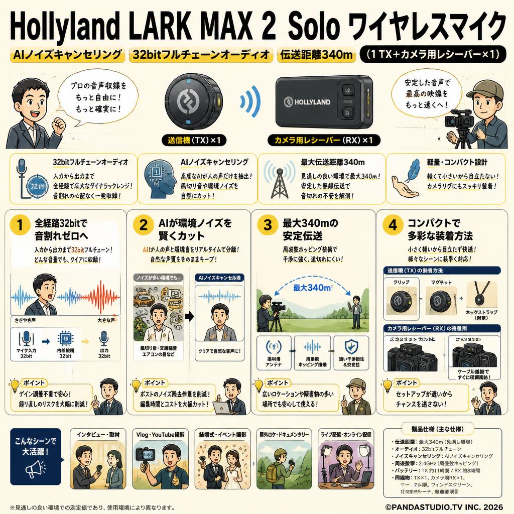 Hollyland LARK MAX 2 Solo ワイヤレスマイク AIノイズキャンセリング 32bitフルチェーンオーディオ 伝送距離340m（1 TX+ カメラ用レシーバー×1） 概要