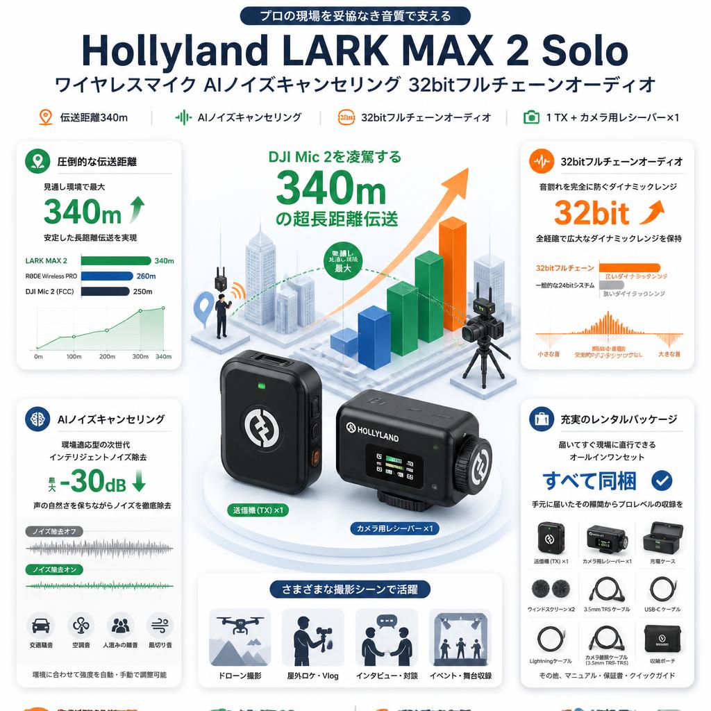 Hollyland LARK MAX 2 Solo ワイヤレスマイク AIノイズキャンセリング 32bitフルチェーンオーディオ 伝送距離340m（1 TX+ カメラ用レシーバー×1） セールスポイント