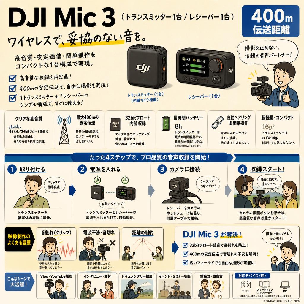 DJI Mic 3（トランスミッター1台 /  レシーバー1台）【400伝送距離 】 概要