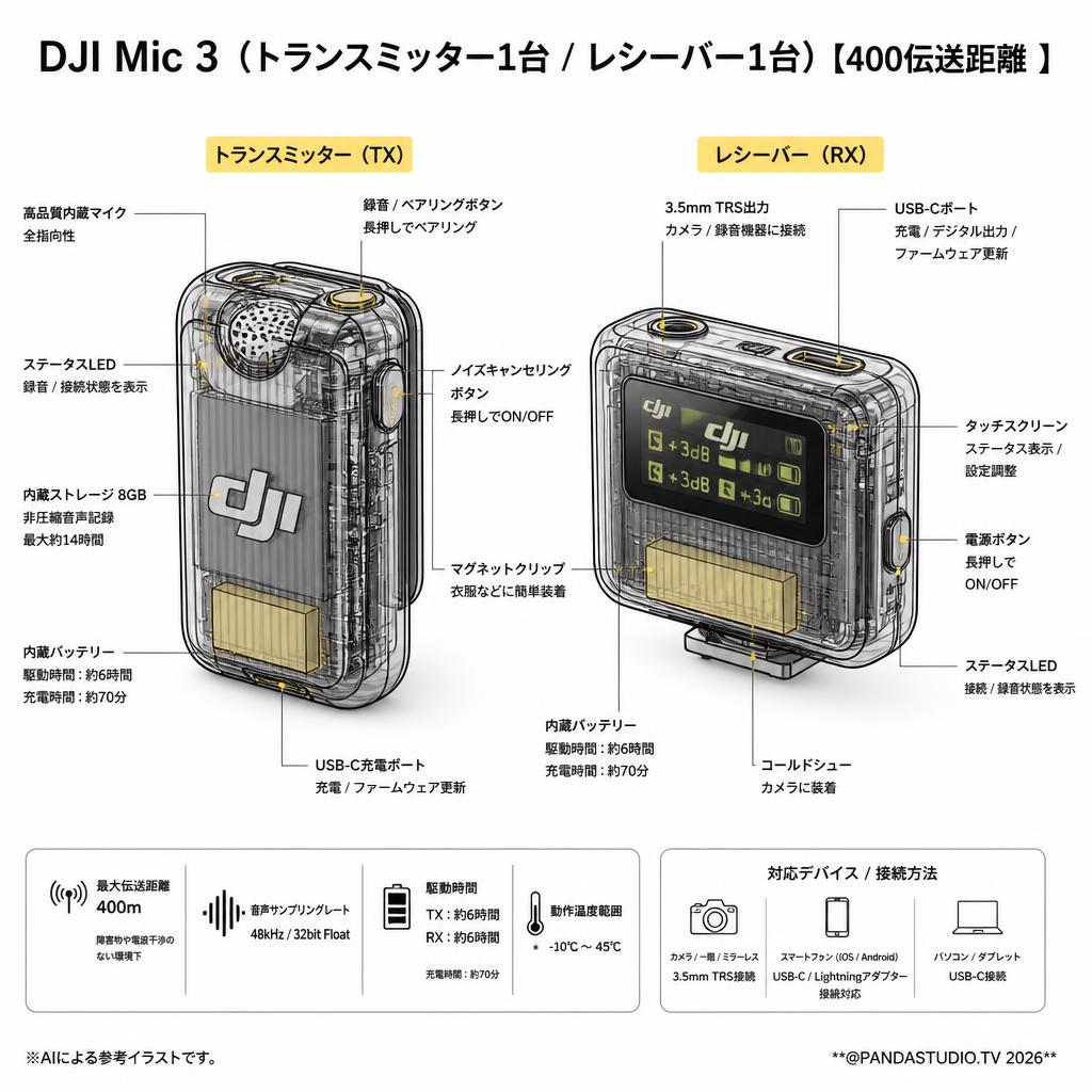 DJI Mic 3（トランスミッター1台 /  レシーバー1台）【400伝送距離 】 スペック