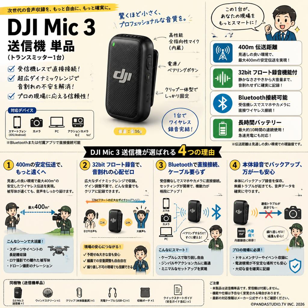 DJI Mic 3 送信機 単品（トランスミッター1台）【400伝送距離 】32bitフロート録音機能付 Bluetooth接続可能 概要