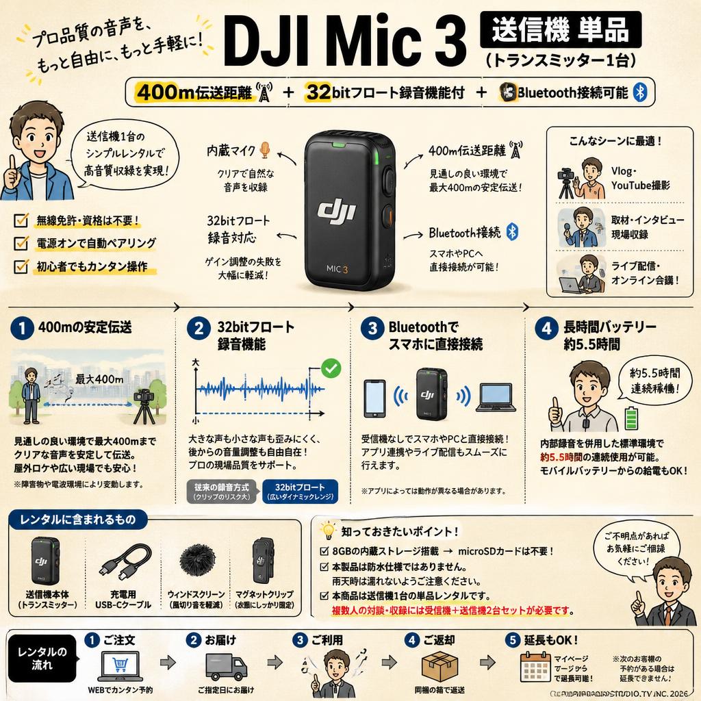 DJI Mic 3 送信機 単品（トランスミッター1台）【400伝送距離 】32bitフロート録音機能付 Bluetooth接続可能 FAQ（よくある質問と答え）